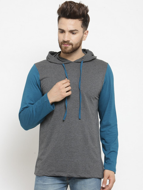 

Kalt Men Teal Blue & Charcoal Grey Colourblocked Hood T-shirt