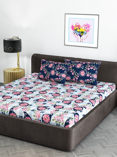 

Divine Casa White & Navy Blue Floral 180 TC Cotton 1 King Bedsheet with 2 Pillow Covers