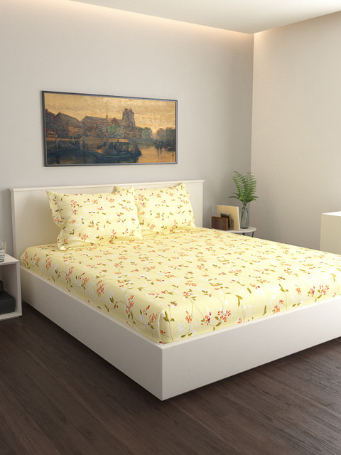 

GRES HOME Beige & Green Floral 120 TC Cotton 1 King Bedsheet with 2 Pillow Covers