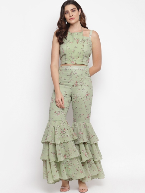 

Capybara Women Green & White Floral Printed Top with Gharara