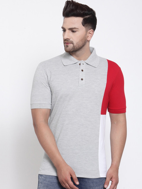 

Kalt Men Grey & Red Colourblocked Polo Collar T-shirt
