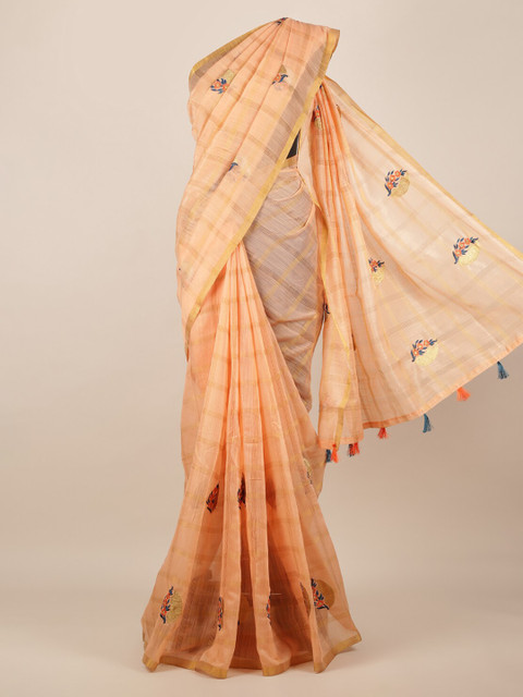 

Pothys Peach-Coloured Checked Jute Silk Saree