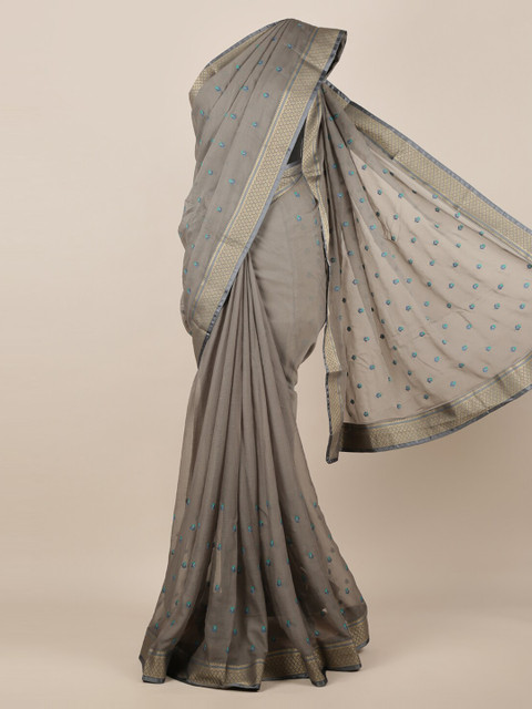 

Pothys Grey Embroidered Poly Chiffon Saree