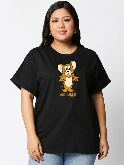 

Bewakoof Plus Size Women Black & Brown Tom & Jerry Print T-shirt