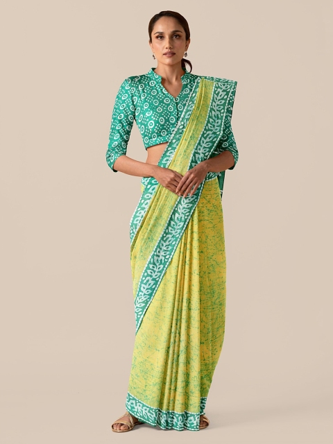 

Taneira Yellow Pure Cotton Woven Design Block Print Saree