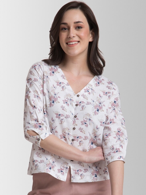 

Fablestreet Women White & Pink Printed Regular Top