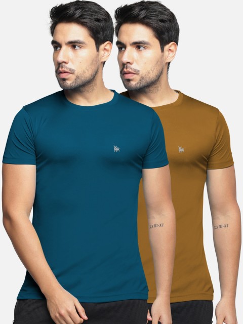 

BULLMER Men Pack Of 2 Mustard Yellow & Blue Solid Round Neck Dri-Fit T-shirts