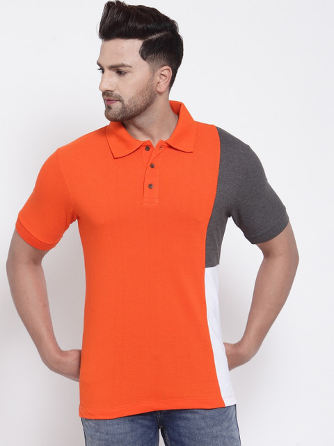 

Kalt Men Orange & White Colourblocked Polo Collar T-shirt