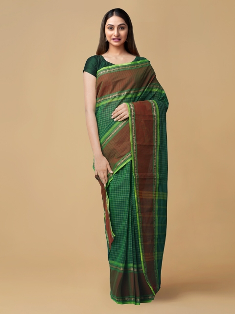 

Unnati Silks Green & Brown Pure Cotton Checked Handloom Chettinad Saree