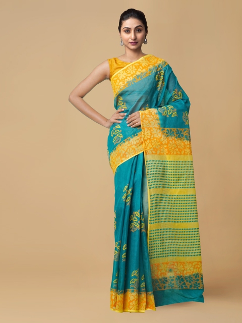 

Unnati Silks Blue & Yellow Organza Hand Block Printed Kota Saree