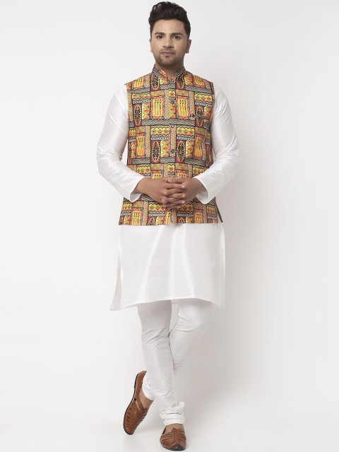 

Benstoke Men White & Yellow Solid Kurta with Churidar & Jacket