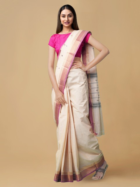 

Unnati Silks Cream-Coloured & Pink Pure Cotton Woven Design Uppada Saree