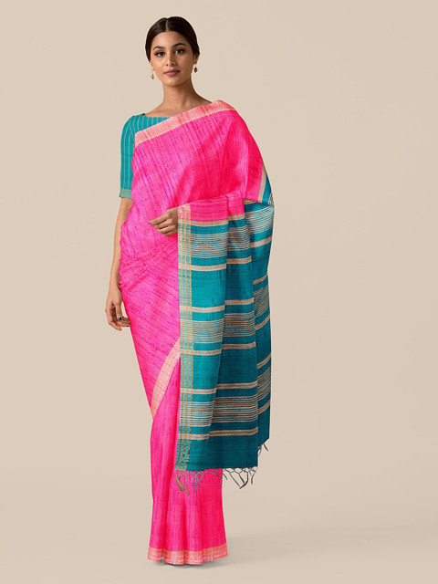 

Taneira Pink & Green Pure Silk Striped Bhagalpuri Saree