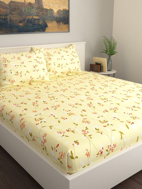 

GRES HOME Yellow & Red Floral 120 TC Cotton 1 Queen Bedsheet with 2 Pillow Covers