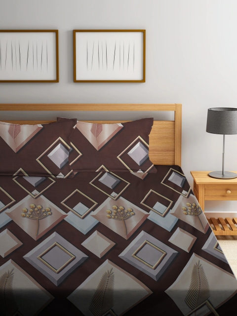 

NEUDIS Brown & Blue Geometric 180 TC Cotton 1 King Bedsheet with 2 Pillow Covers