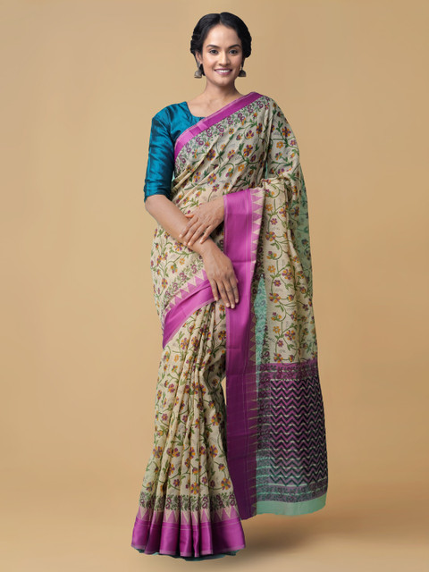 

Unnati Silks Beige & Pink Silk Cotton Printed Chanderi Saree