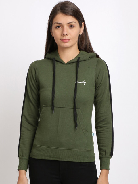 

BEVERLY BLUES Women Olive Green Solid Hooded Sweatshirt
