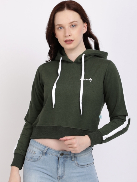 

BEVERLY BLUES Women Olive Green Solid Hooded Sweatshirt