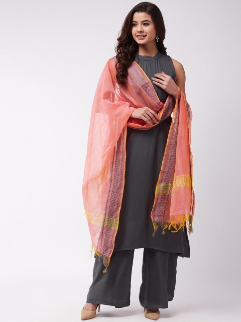 

InWeave Women Grey & Peach-Coloured Solid Kurta with Palazzos & Dupatta