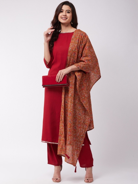 

InWeave Women Maroon Solid Kurti with Trousers & Dupatta