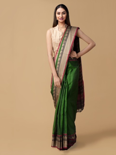 

Unnati Silks Green Pure Cotton Solid Narayan Peth Saree