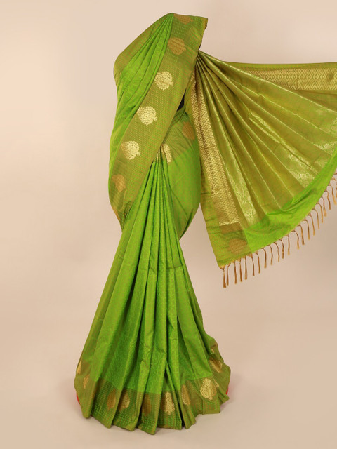 

Pothys Green & Gold-Toned Art Silk Printed Saree with Jhalar Pallu
