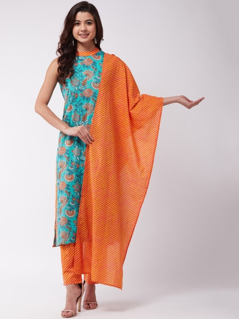 

InWeave Women Turquoise Blue & Orange Printed Kurta with Trousers & Dupatta