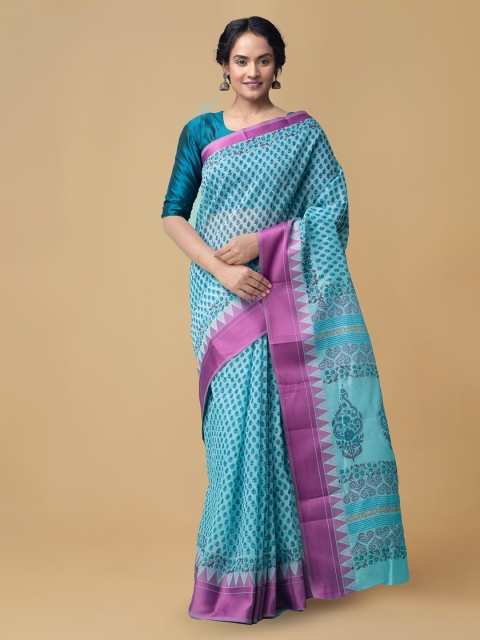 

Unnati Silks Blue Silk Cotton Printed Chanderi Saree