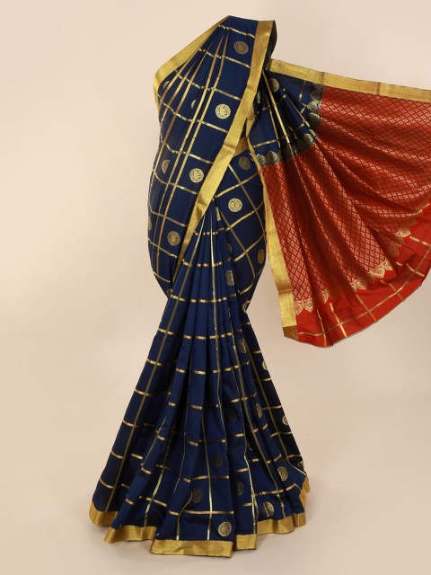 

Pothys Navy Blue & Red Art Silk Checked Saree
