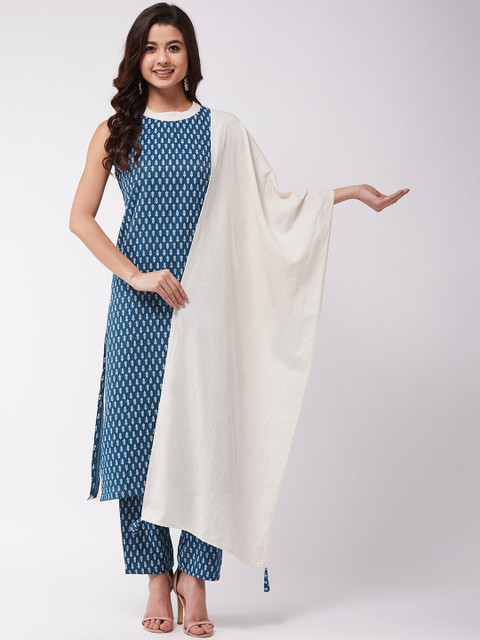 

InWeave Women Blue & Off-White Printed Kurta with Trousers & Dupatta