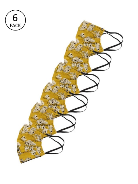 Bellofox Unisex Pack Of 6 Mustard Yellow & Off-White Printed 3-Ply Keeva Face Masks