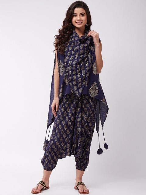 

InWeave Women Navy Blue & Gold-Toned Printed Cotton Tassel Top with Harem Pants