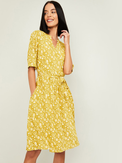 

Colour Me by Melange Women Yellow & White Printed Wrap Dress