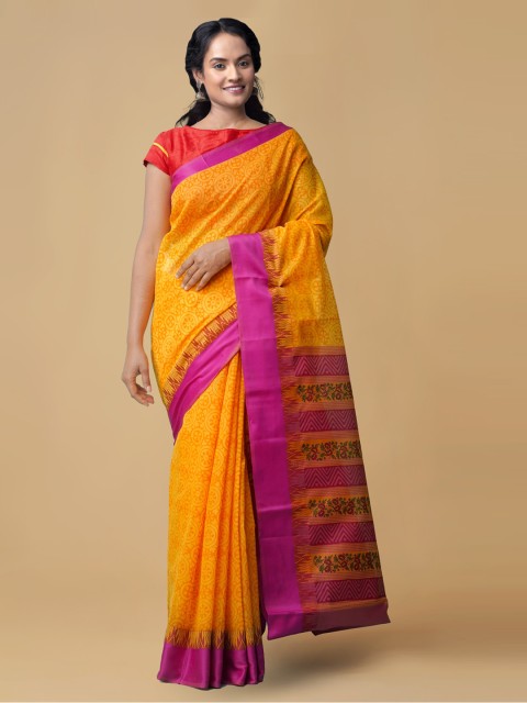 

Unnati Silks Orange & Pink Silk Cotton Printed Handloom Chanderi Saree