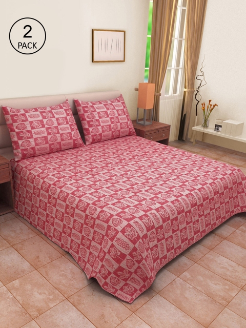 

Set Of 2 Red & Beige Floral Print Double Bed Covers With 4 Pillow Covers