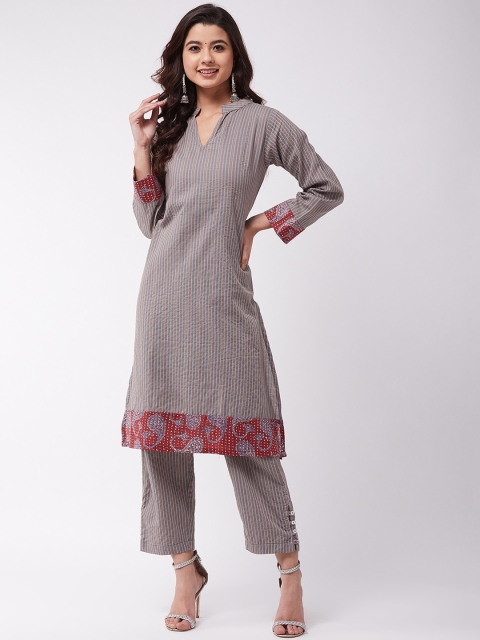 

InWeave Women Grey & Maroon Striped Cotton Kurta with Trousers