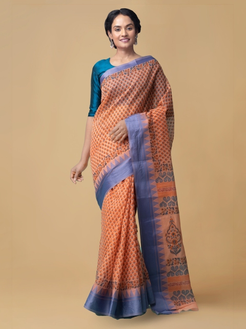 

Unnati Silks Orange & Blue Silk Cotton Printed Handloom Chanderi Saree