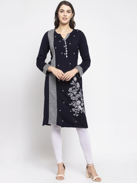 

Laabha Women Navy Blue Embroidered Straight Kurta