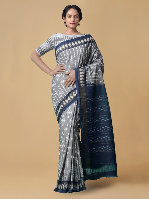 

Unnati Silks Grey & Blue Pure Cotton Printed Pochampally Saree