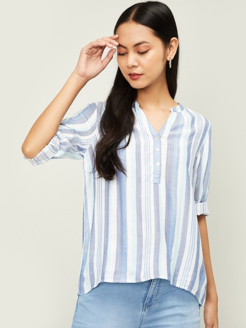 

Fame Forever by Lifestyle Women Blue Striped High-Low Top