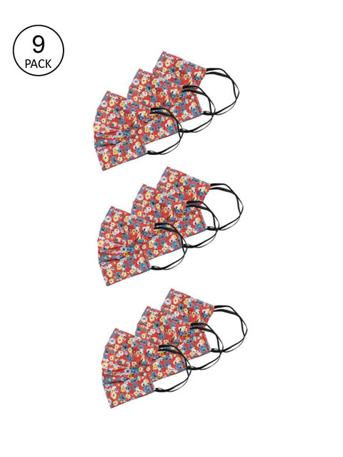 

Unisex Pack Of 9 Red & Blue Floral Printed 3-Ply Protective Outdoor Face Masks