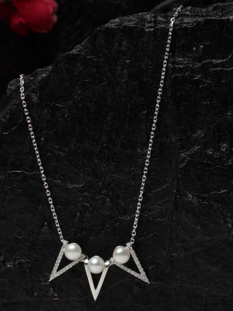 

Clara Hallmarked Pure 92.5 % Sterling Silver Rhodium-Plated Pearl & Cubic Zirconia Studded Geometric Pendant