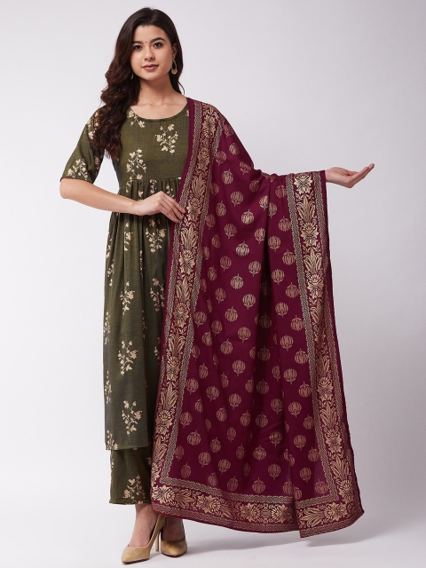 

InWeave Women Green & Burgundy Foil Printed Kurta with Trousers & Dupatta
