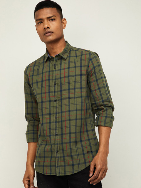 

Bossini Men Olive Green Regular Fit Checked Casual Shirt