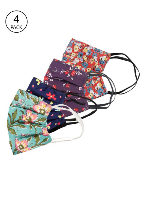 

Bellofox Unisex Pack of 4 Floral Printed 3-Ply Reusable Cloth Masks, Red