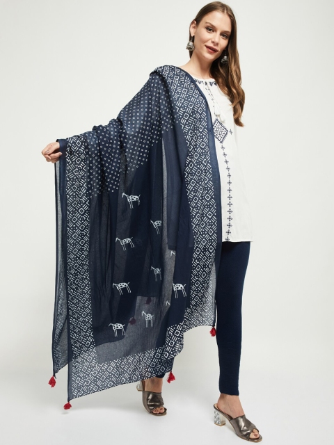 

max Navy Blue & White Indigo Printed Pure Cotton Dupatta