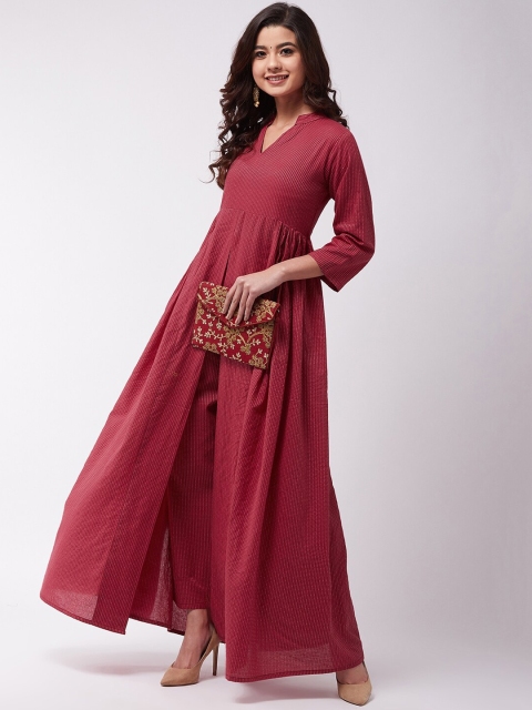 

InWeave Women Maroon & White Self Design Cotton Kurta with Trousers