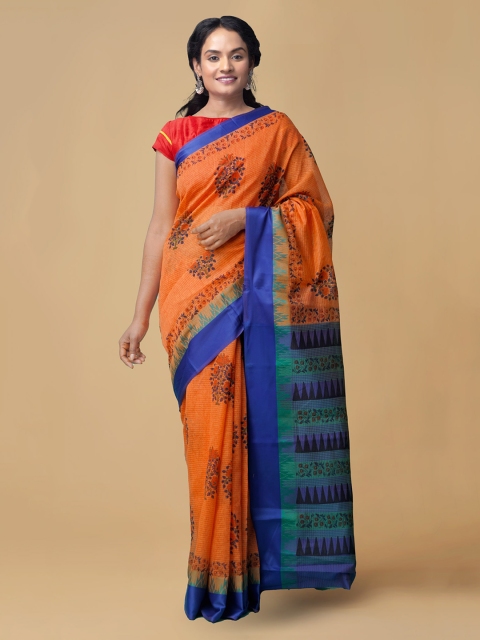 

Unnati Silks Orange & Blue Silk Cotton Printed Handloom Chanderi Saree