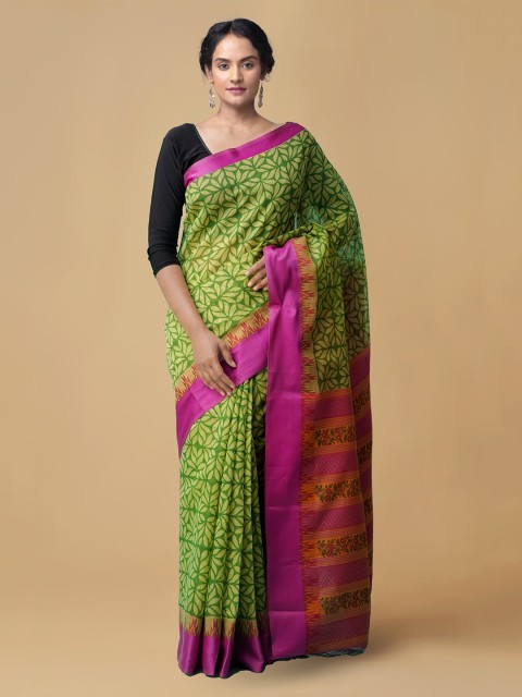 

Unnati Silks Green & Pink Silk Cotton Printed Chanderi Saree