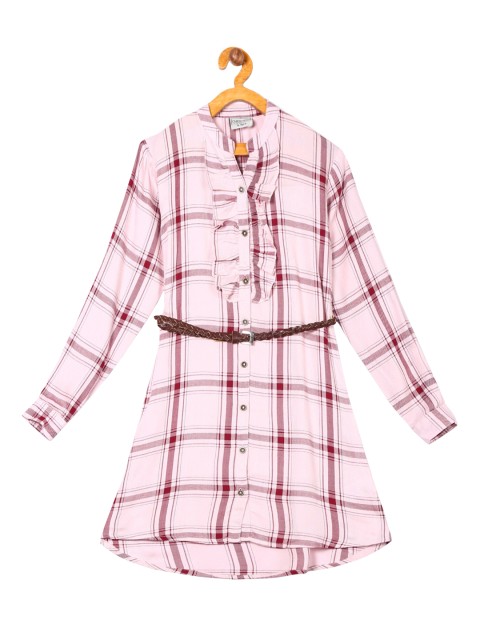 

Cherokee Girls Pink Checked Belted Waist Shirt Dress